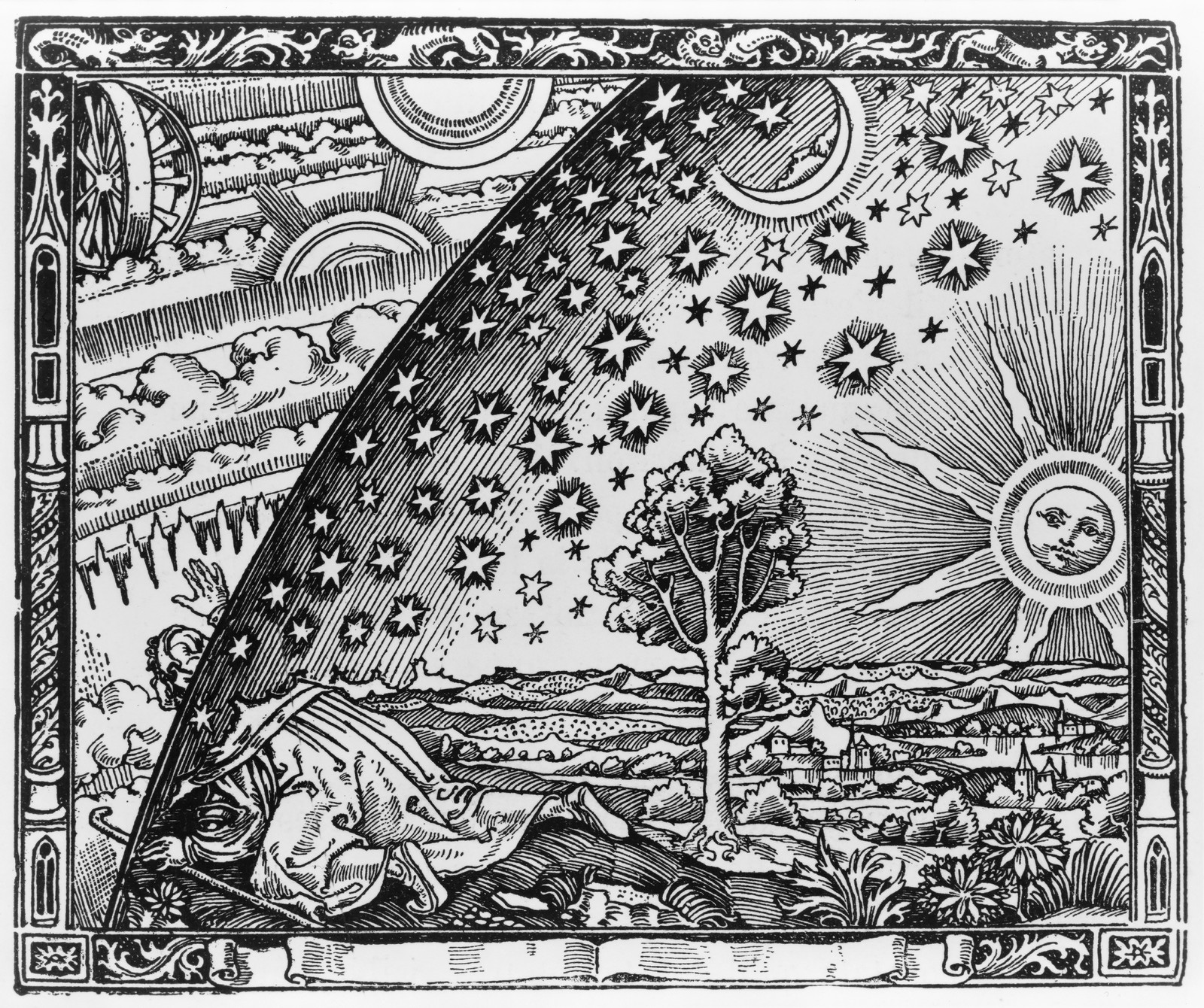 The Flammarion engraving (1888): a medieval figure pushes through the edge of the sky to see the machinery of the cosmos beyond. Anonymous, public domain.